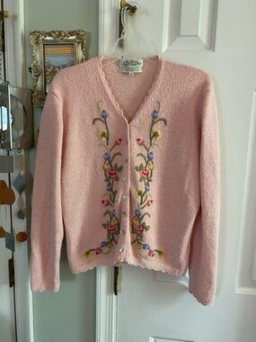 Vintage Susan Bristol Pink Floral Sweater Cardigan Cottagecore Embroidered Sz M